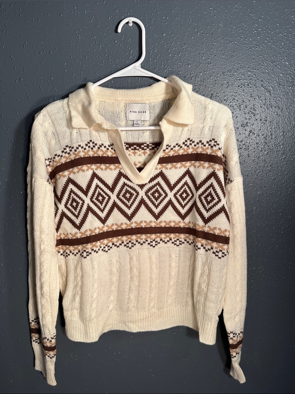 Pink Rose Cream V-Neck Sweater with Brown Geometric Stripes